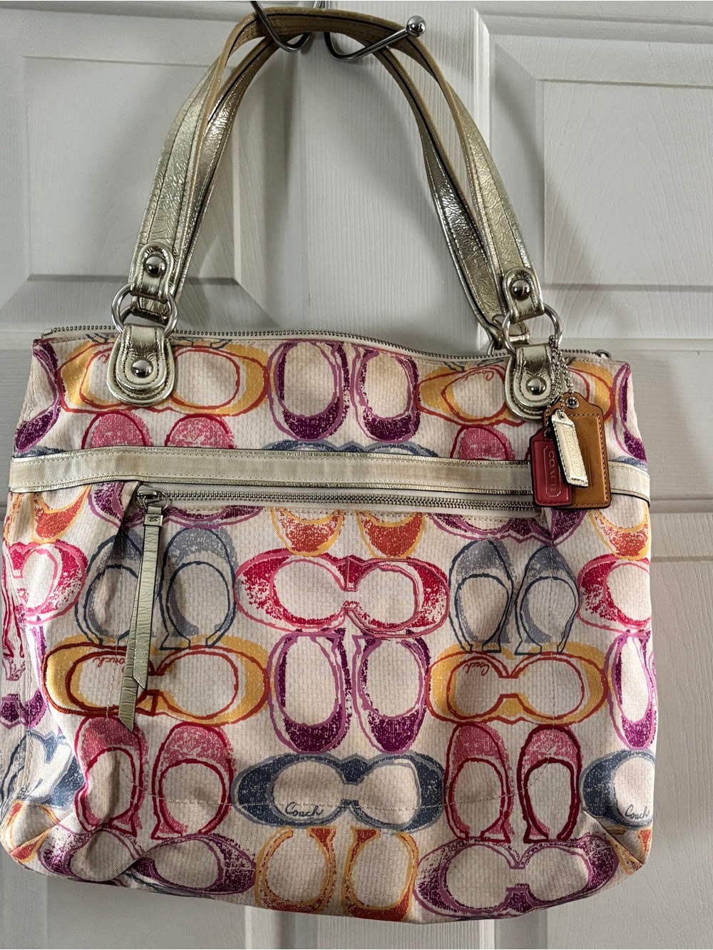 Coach Scribble Print Signature Canvas Tote Bag with Metallic Gold Handles